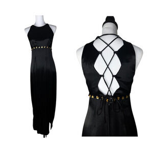 Vintage 90s Y2K Rampage Black Gothic Satin Long Slip Dress Backless Floral USA